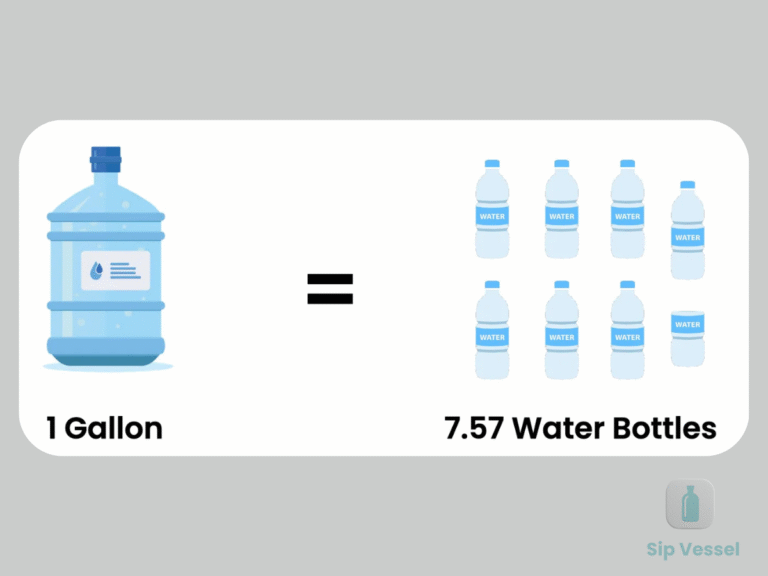 A bottle of water sits beside a gallon of water, illustrating different sizes of water containers.