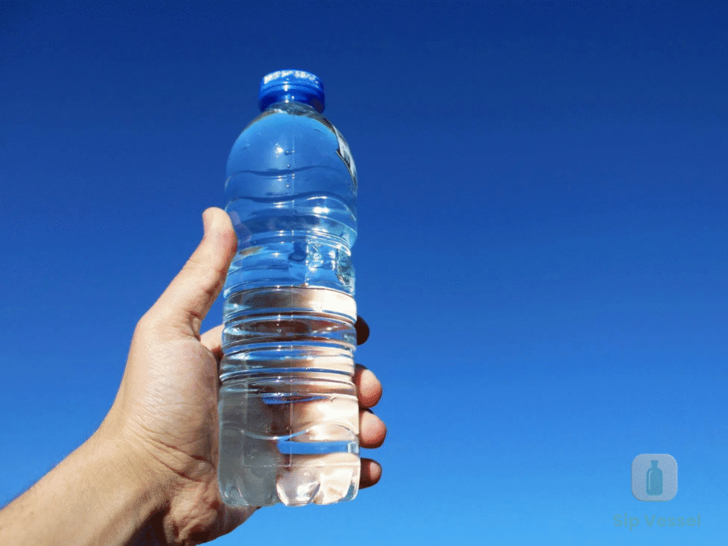 A person holds a bottle of water against a clear blue sky, highlighting the topic of bottled water safety.