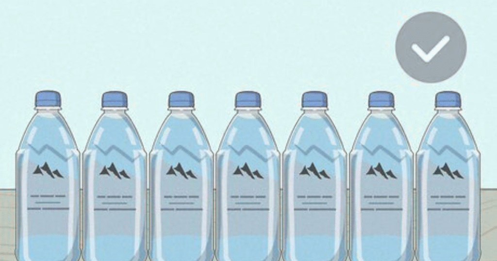 Six bottles of water with a green check mark beside them, indicating they are approved or ready for use.