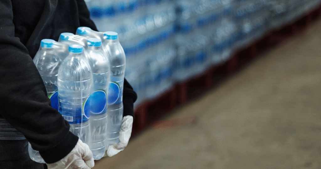 A person in a black jacket holds a bag of bottled water, standing against a neutral background.