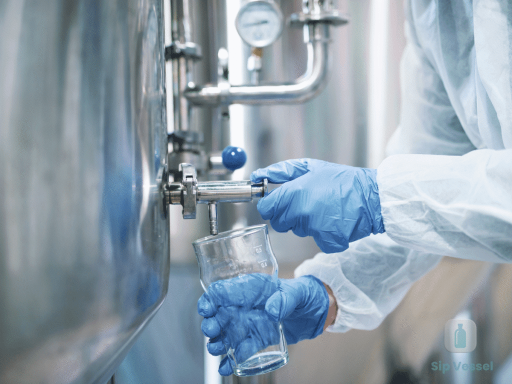 A person in a lab coat is holding a glass, possibly containing a liquid for experimentation or analysis.
