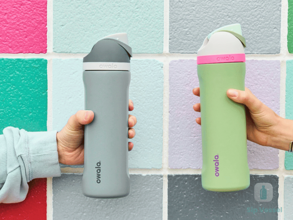 Two people hold Owala water bottles in front of a vibrant, colorful wall, showcasing their stylish design and functionality.