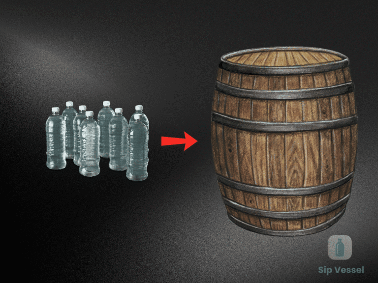 A barrel with bottles beside it, featuring a red arrow pointing to the barrel, illustrating the concept of barrel capacity.