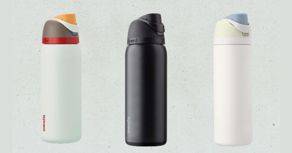 Three types of water bottles featuring Owala FreeSip Technology are displayed, showcasing their unique designs and functionalities.