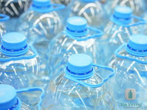 A row of plastic water bottles with blue lids, showcasing the Sip Vessel Water Bottle feature and its design.