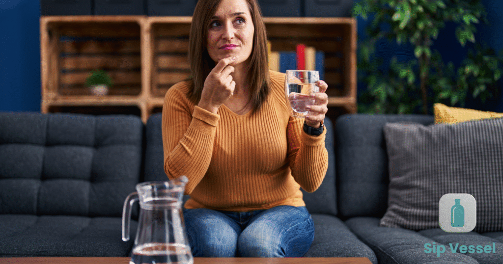 Woman sitting on a couch, holding a glass of water, reflecting on daily water intake recommendations.