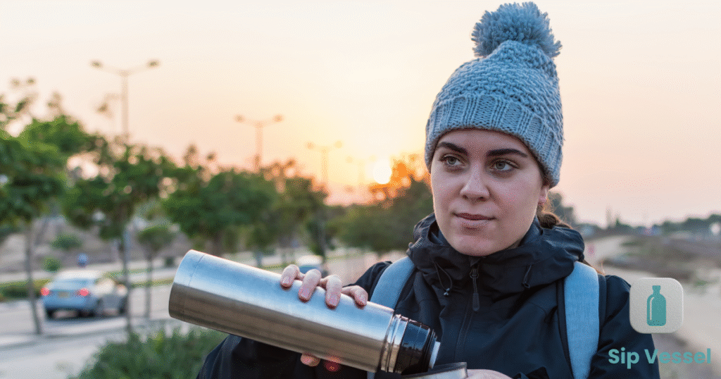 A woman wearing a beanie holds a stainless steel water bottle, smiling and standing outdoors.