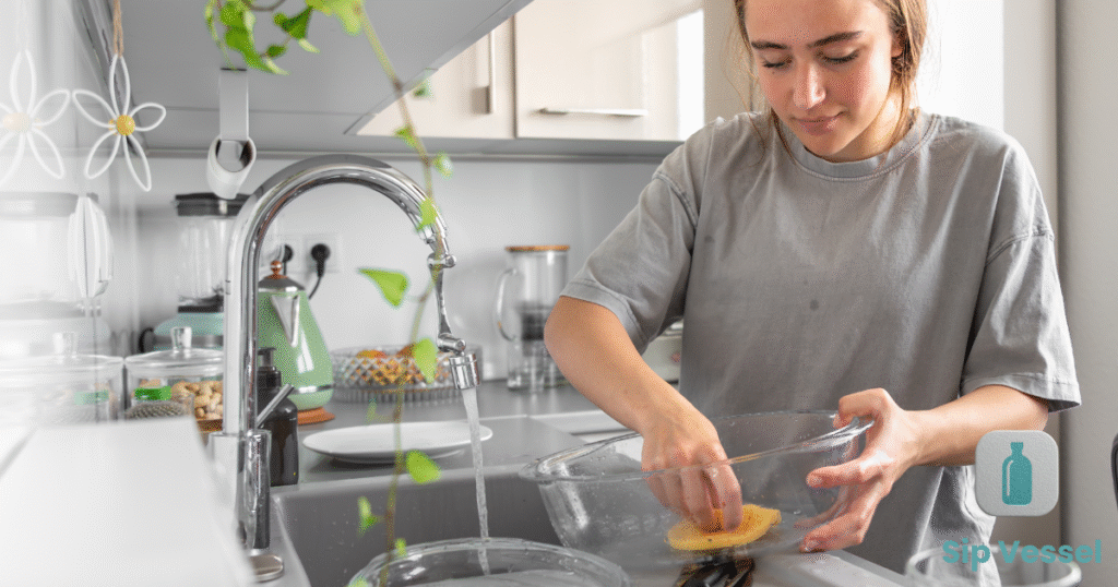 A woman washes dishes in a kitchen sink, surrounded by dish soap and a drying rack filled with clean dishes.
