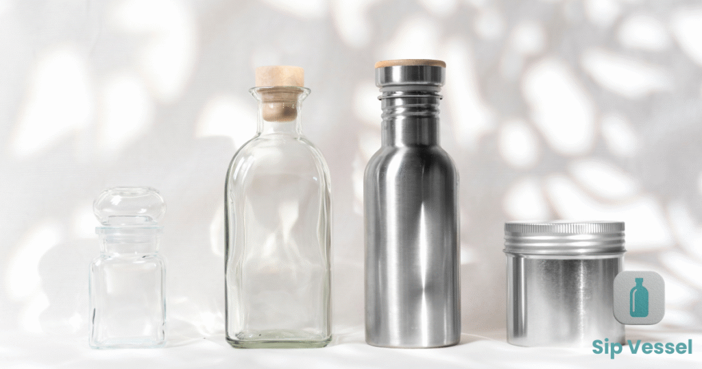 Three glass bottles and a metal canister displayed, highlighting options for Sip Vessel water bottles in the article.