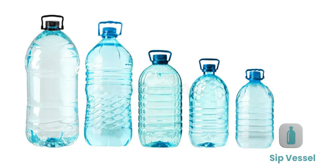 A group of six plastic bottles in various sizes, illustrating how bottle shape affects their height in inches.