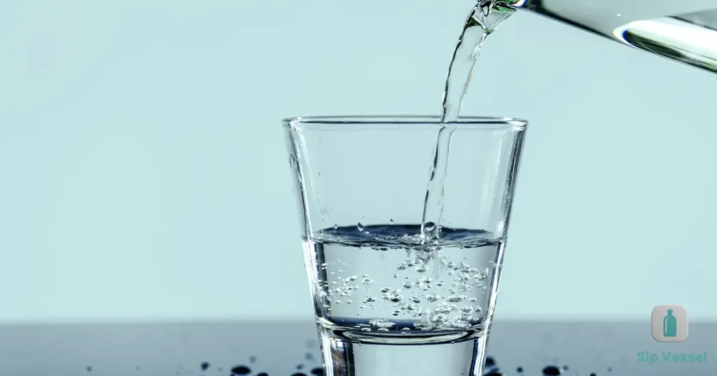 A clear glass of water is being poured into a small shot glass, creating a splash as it fills.