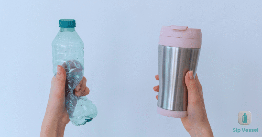 Two hands hold a plastic bottle and a stainless steel travel mug, showcasing reusable drinkware options.