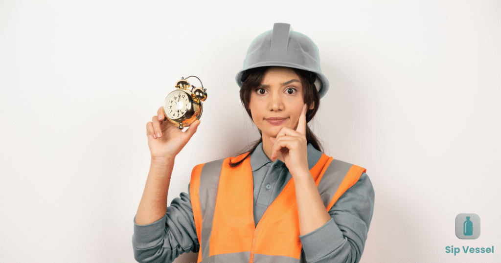A woman in a hard hat holds a clock, symbolizing time management in a construction or industrial setting.
