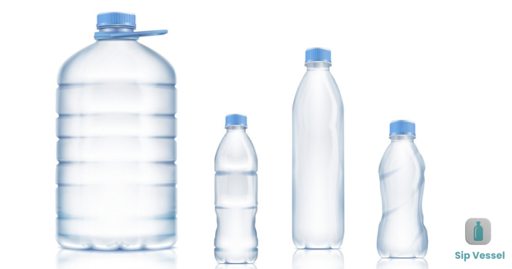 Water bottles of various sizes and shapes, illustrating how bottle shape affects their dimensions in inches.