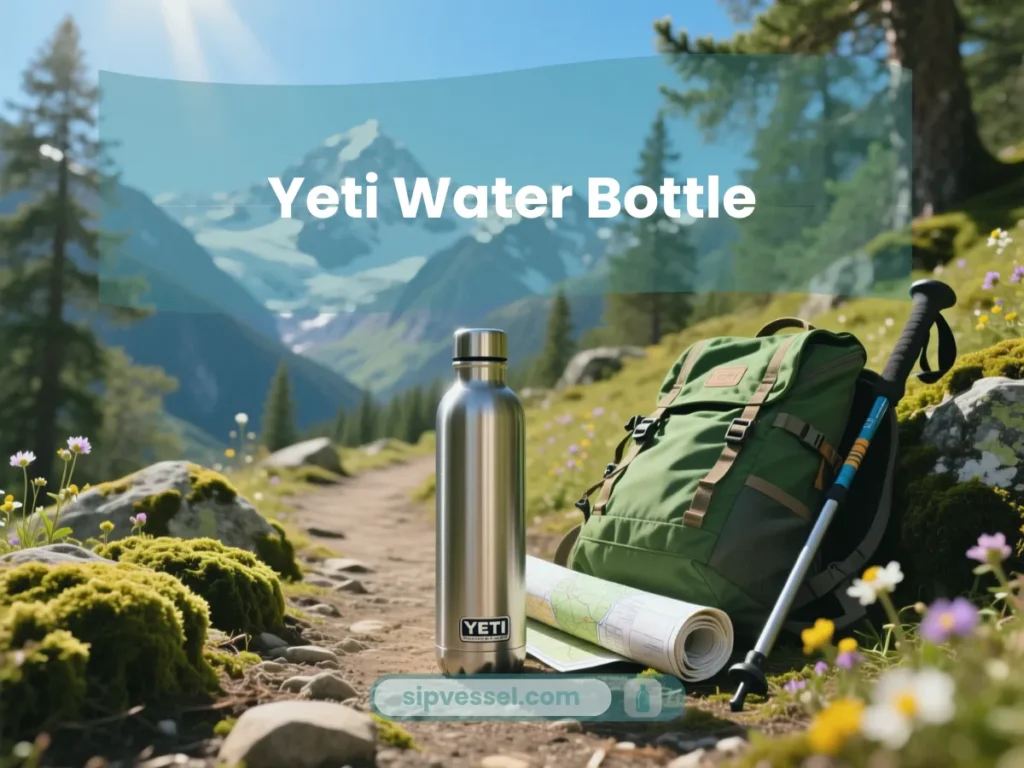Outdoor lifestyle scene featuring a Yeti Water Bottle on a hiking trail with mountains and nature