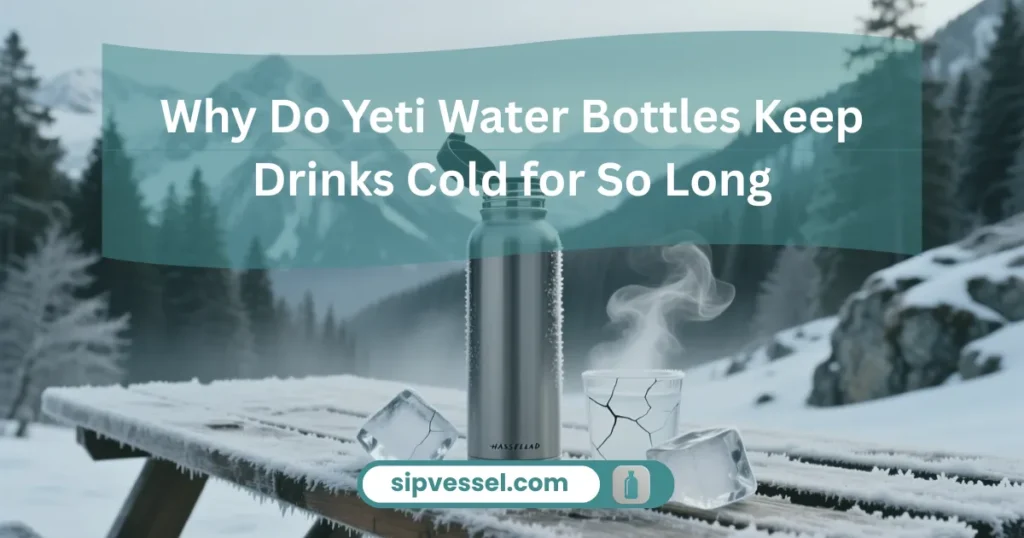 Zoomed-out outdoor setup showing insulation concept and cold retention performance of a Yeti Water Bottle with ice and mountains.