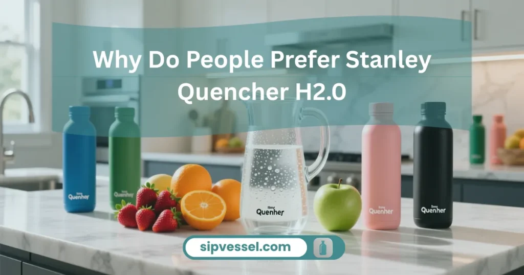 Lifestyle kitchen scene showing the popular Stanley Water Bottles Quencher H2.0 models.