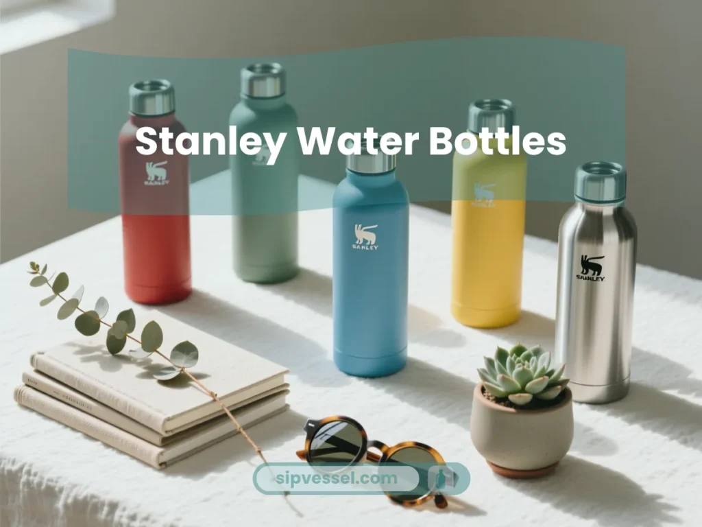 Stylish flat-lay display of colorful Stanley Water Bottles arranged in a modern lifestyle scene.