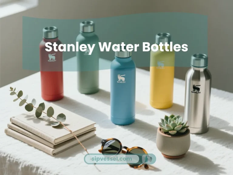 Stylish flat-lay display of colorful Stanley Water Bottles arranged in a modern lifestyle scene.