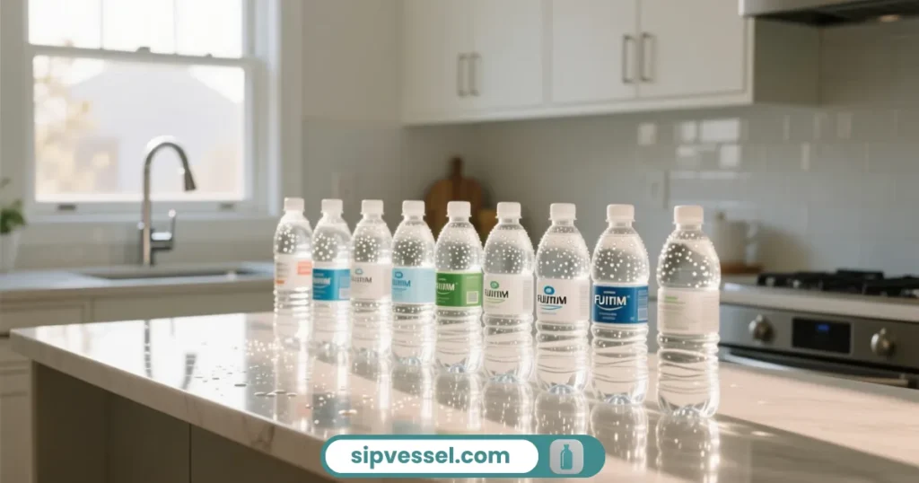 A selection of bottled water on a kitchen counter representing fluoride in bottled water explained.