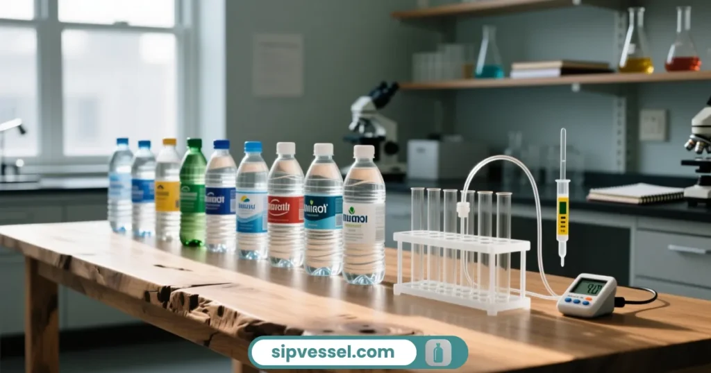 Different bottled water brands displayed with testing tools to show fluoride in bottled water levels