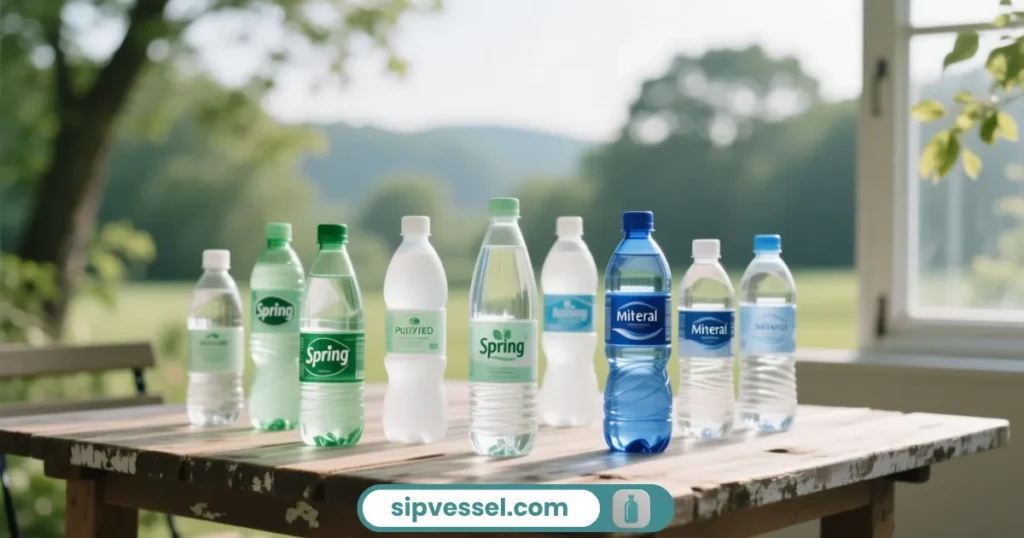 A variety of bottled water brands displayed on a table with natural lighting, showing different sources to highlight fluoride in bottled water.