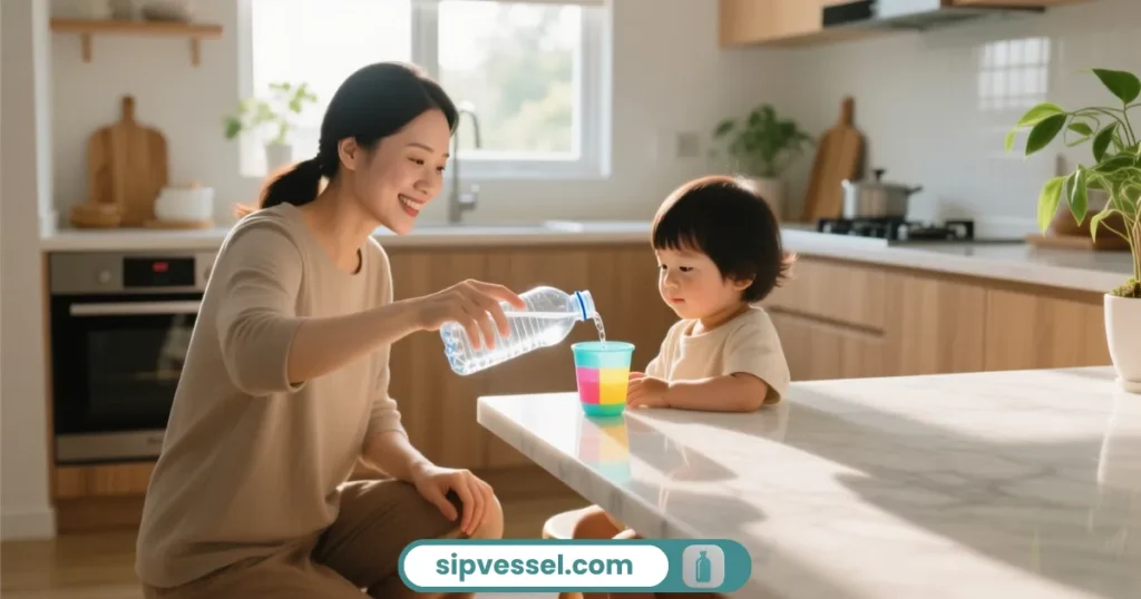 A parent pouring bottled water into a child’s cup on a kitchen counter to represent safety concerns about fluoride in bottled water for kids.
