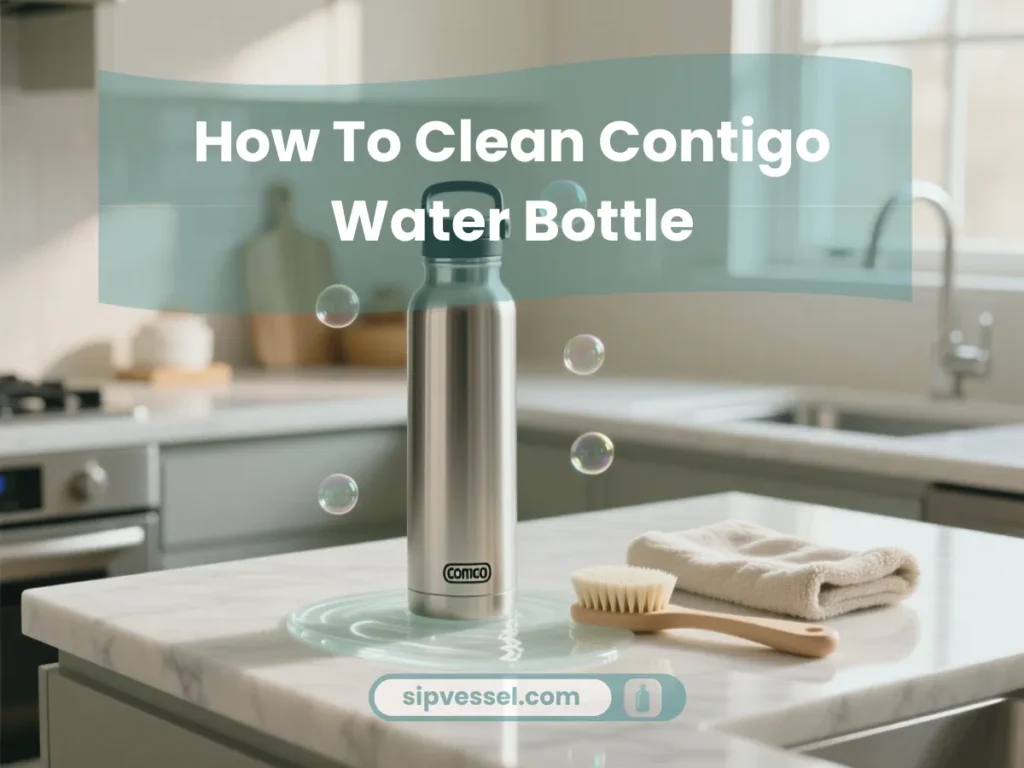 Step-by-step scene showing how to clean Contigo water bottle using simple cleaning tools.