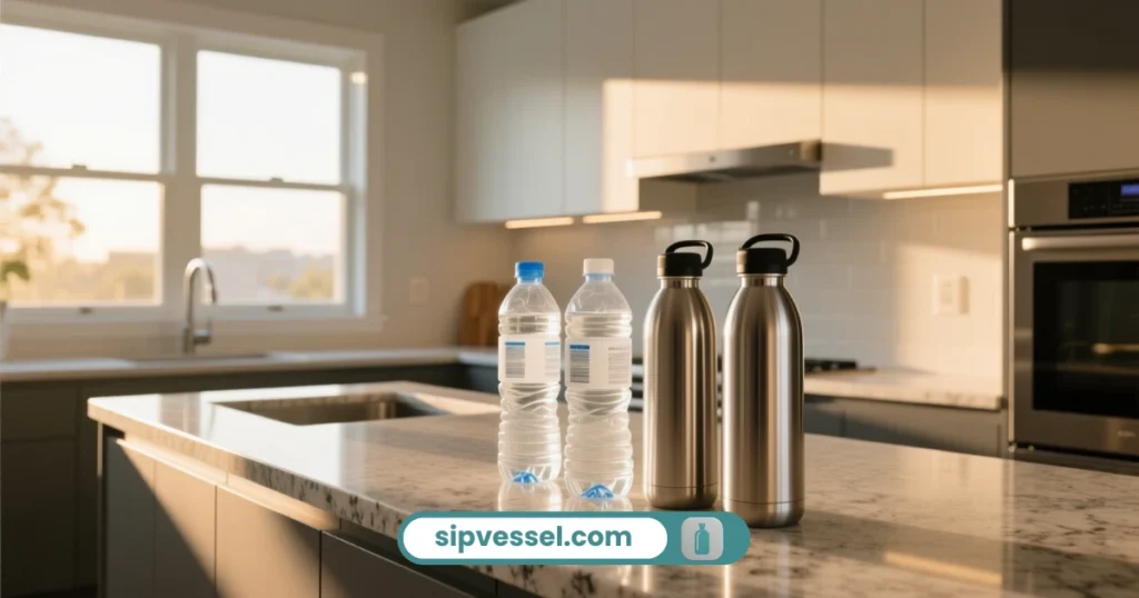 Plastic and stainless steel bottles side by side on a kitchen counter.