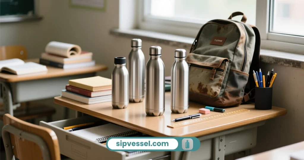 Stainless steel water bottles on a school desk with a backpack and notebook.