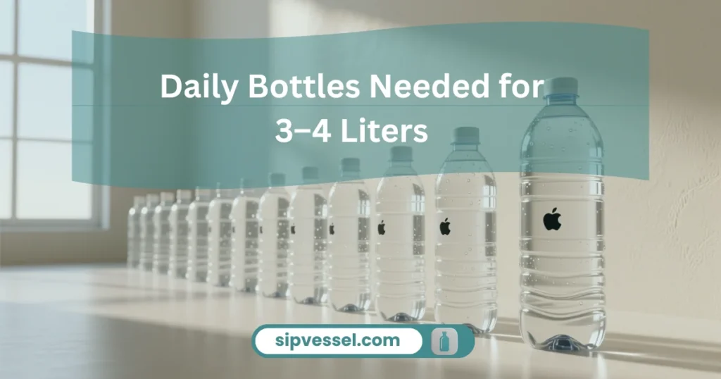 A zoomed-out photo of several water bottles arranged to show how many bottles are in 3 liters for daily hydration.