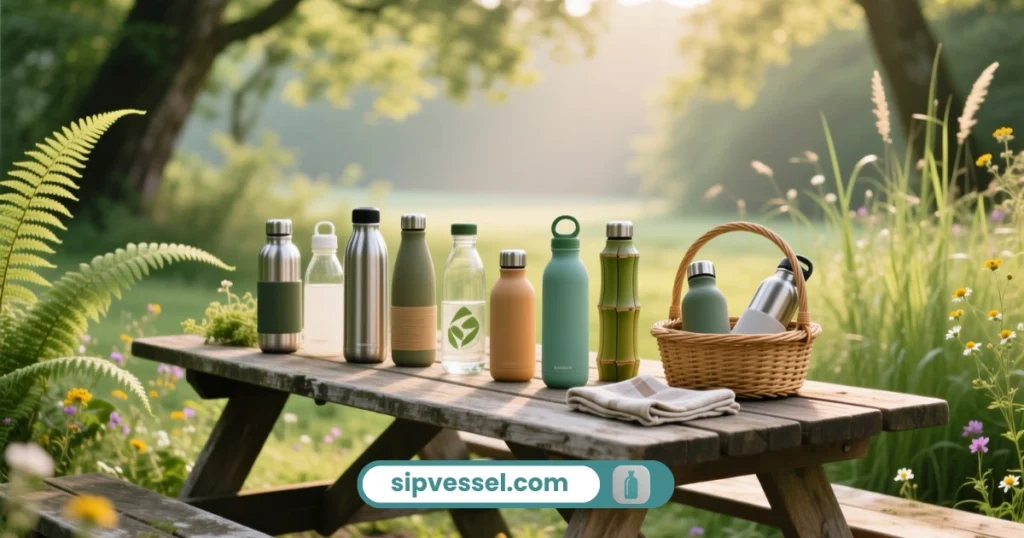 Reusable water bottles with eco-friendly symbols on a wooden table outdoors