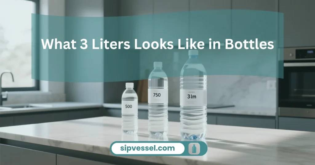 A zoomed-out image showing different bottle sizes arranged to represent how many bottles are in 3 liters.