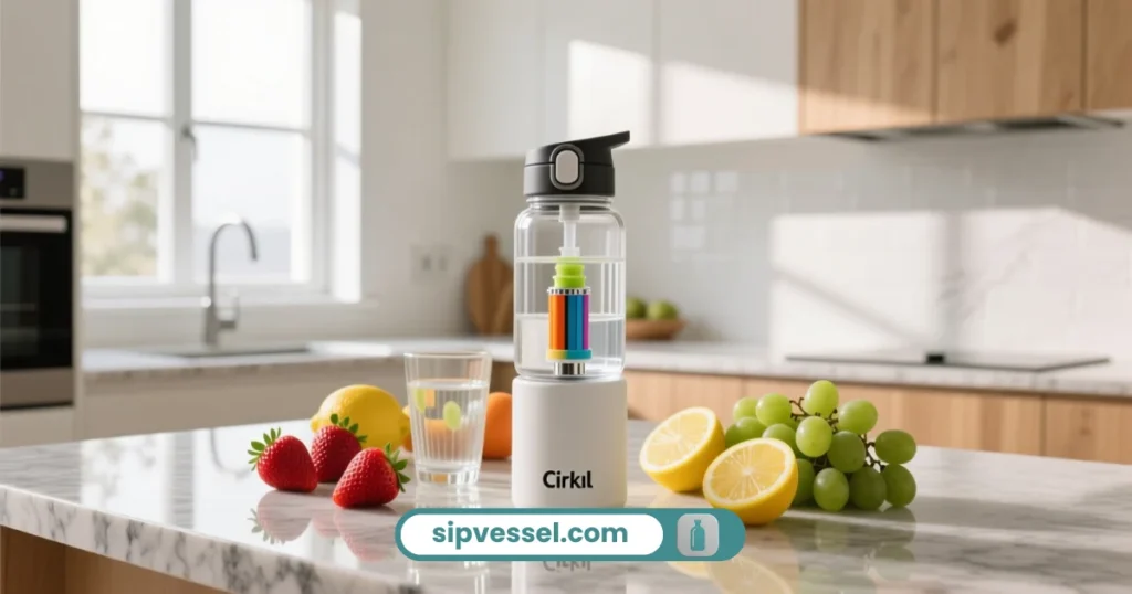 A Cirkul water bottle with flavor cartridge in a bright kitchen showing how the hydration system works.