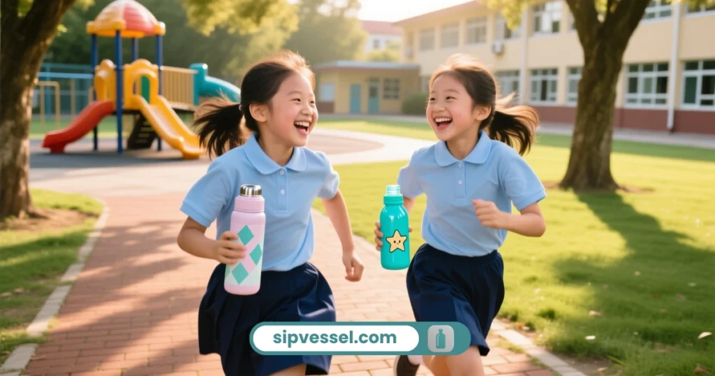 Girls using colorful water bottles during school and outdoor activities.