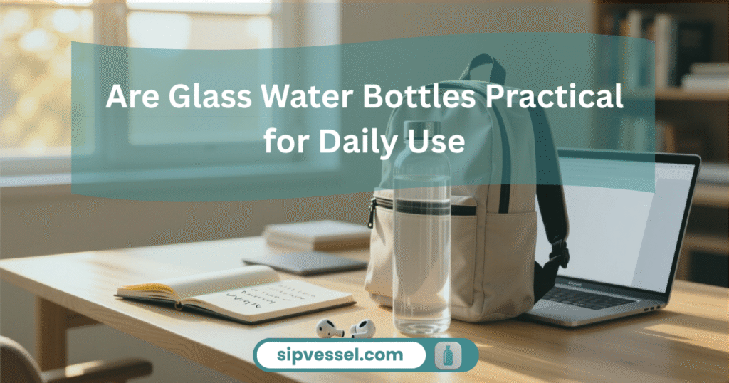 Glass water bottle placed in a backpack and on a desk, showing the practicality of using a glass water bottle daily.