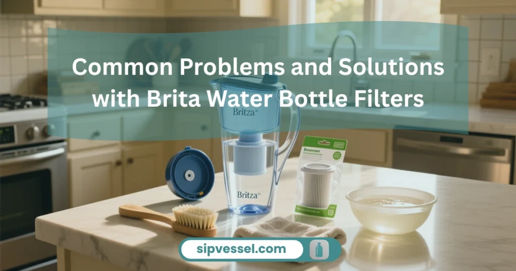 Brita water bottle maintenance setup with cleaning supplies and replacement filter for troubleshooting issues