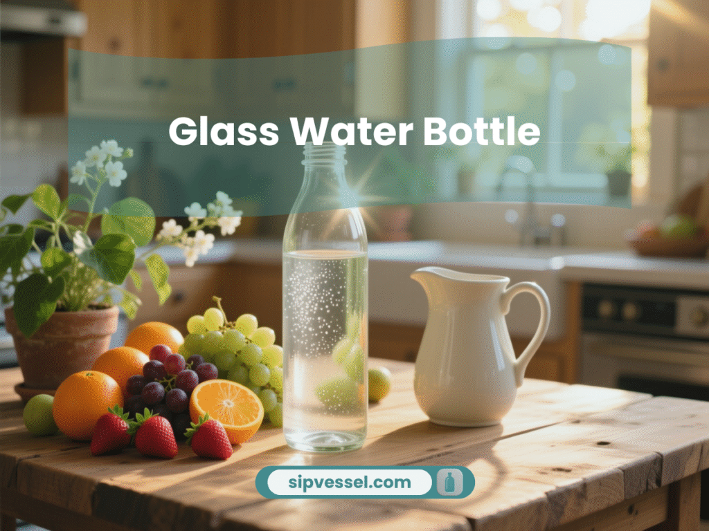 A clear glass water bottle sitting on a table surrounded by fresh fruits, highlighting the benefits of a glass water bottle naturally.