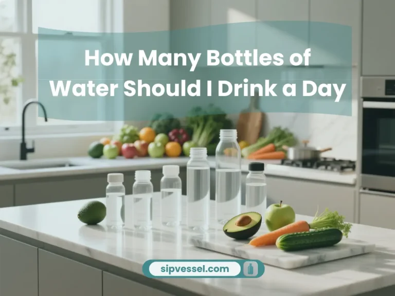 Various water bottles on kitchen counter showing how many bottles of water should i drink a day for healthy hydration