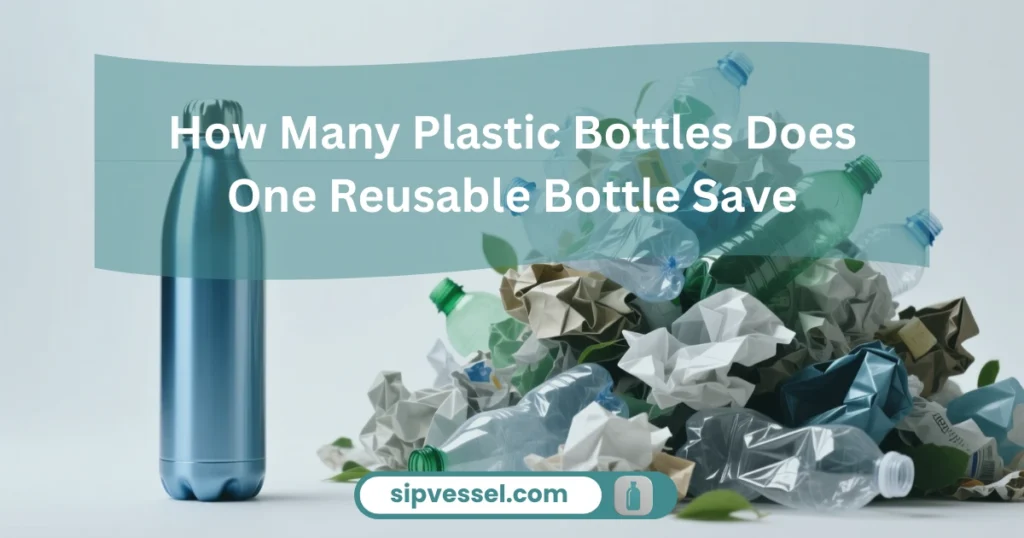 Visual comparison showing one reusable water bottle versus many disposable plastic bottles it can save from waste