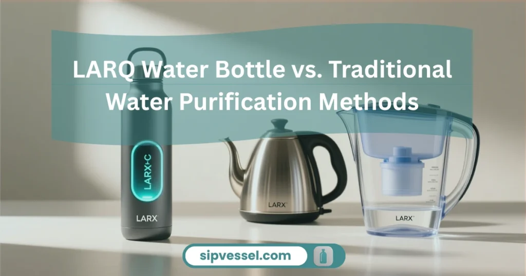 Comparison scene showing LARQ Water Bottle next to traditional purification items.