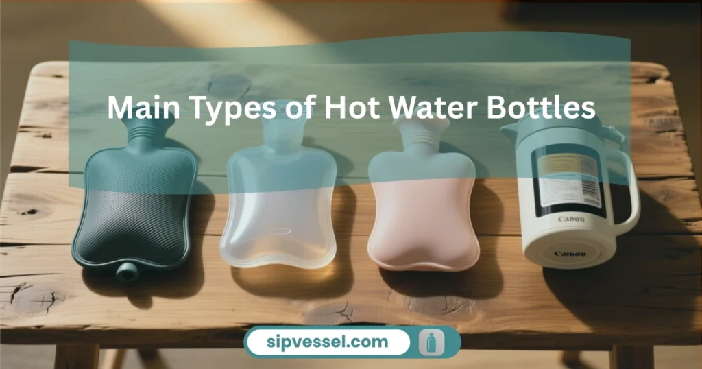 Different types of hot water bottle designs including rubber, PVC, silicone, and microwaveable styles.