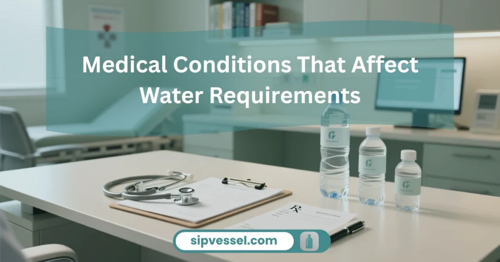 Medical consultation setup with water bottles showing health conditions affecting daily water intake needs