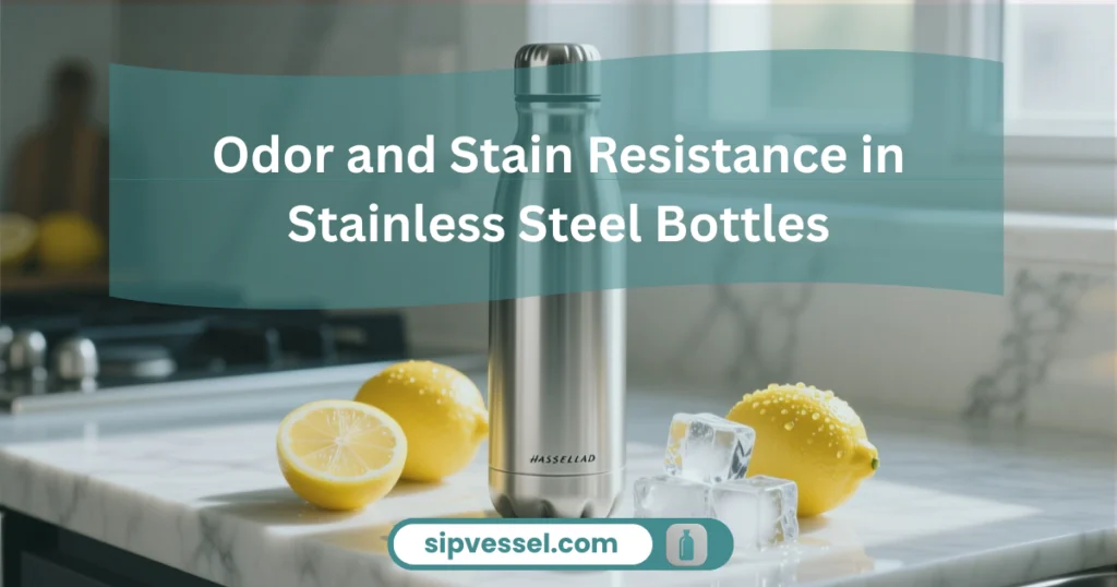 Stainless steel bottle showing odor and stain resistance qualities next to an Ello Water Bottle.