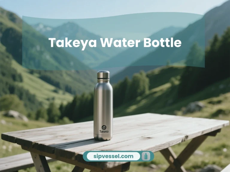 Zoomed-out view of a Takeya Water Bottle outdoors on a wooden table with nature in the background.