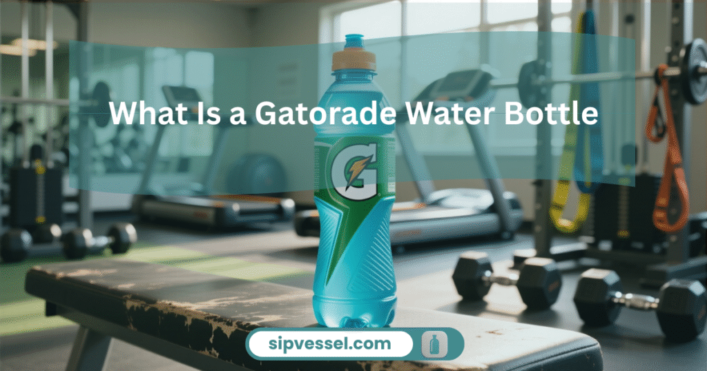 A Gatorade Water Bottle placed on a gym bench showing its full design and athletic use