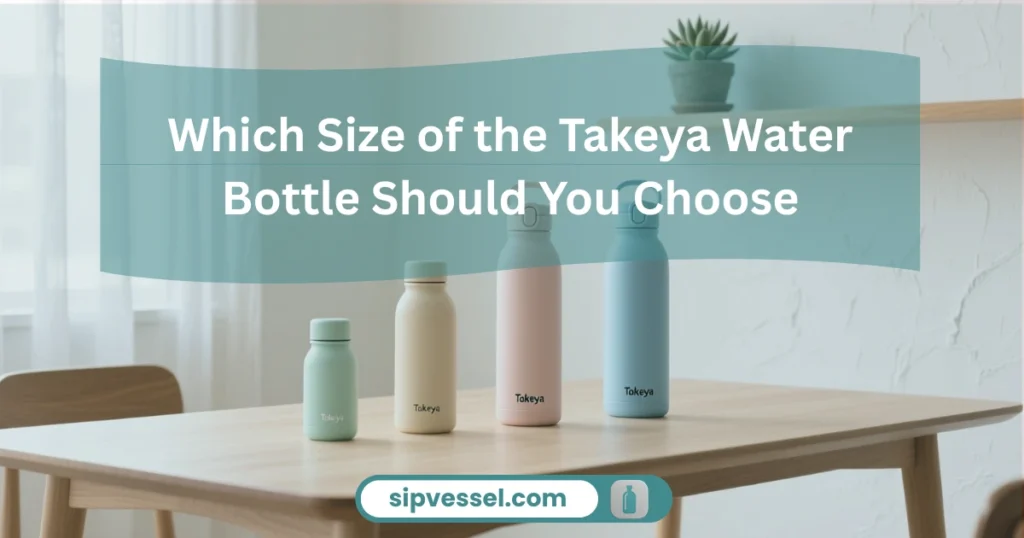 Zoomed-out image showing different sizes of the Takeya Water Bottle arranged on a table for comparison.