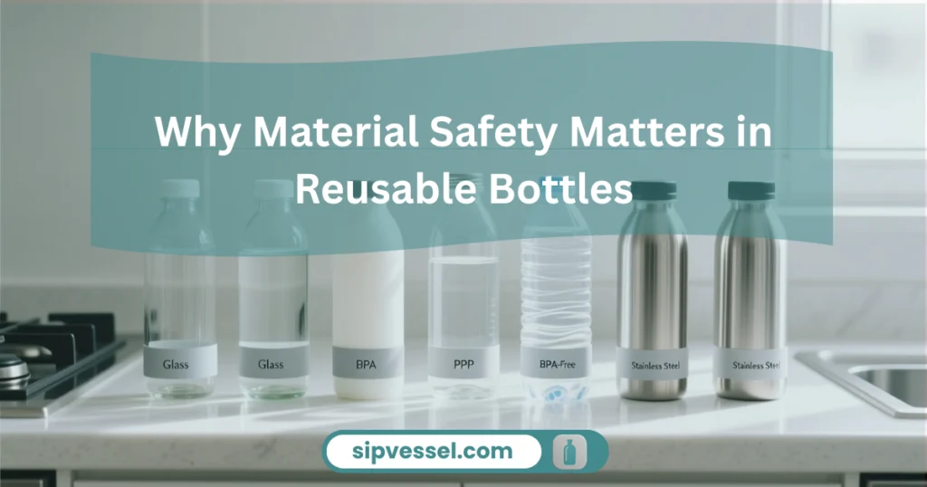 Different reusable bottles displayed to highlight material safety including the Ello Water Bottle.